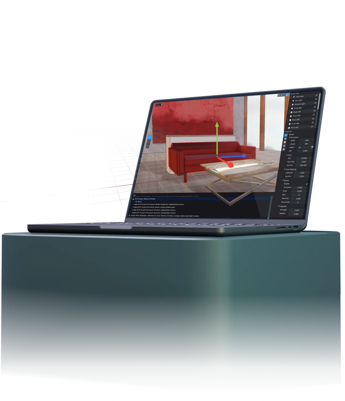A macbook mockup with a 3D engine interface displayed on the screen.