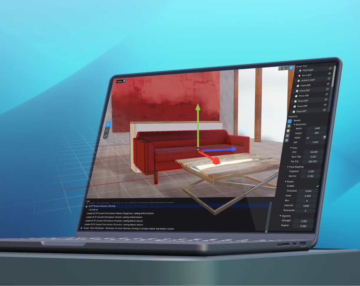 A macbook mockup with a 3D engine interface displayed on the screen.